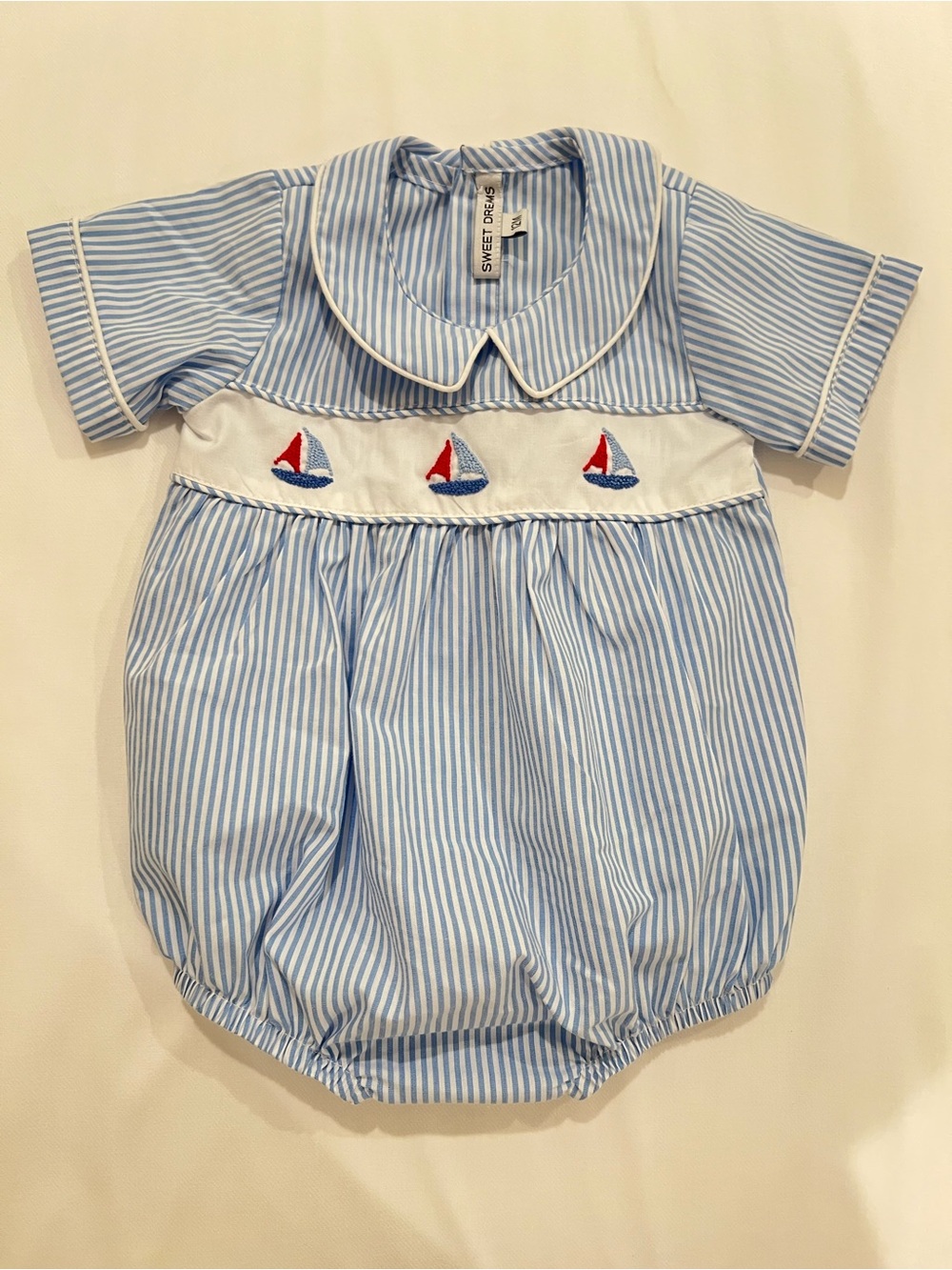 Sweet Dreams Blue & White Striped Baby Bubble with Sailboat Embroidery